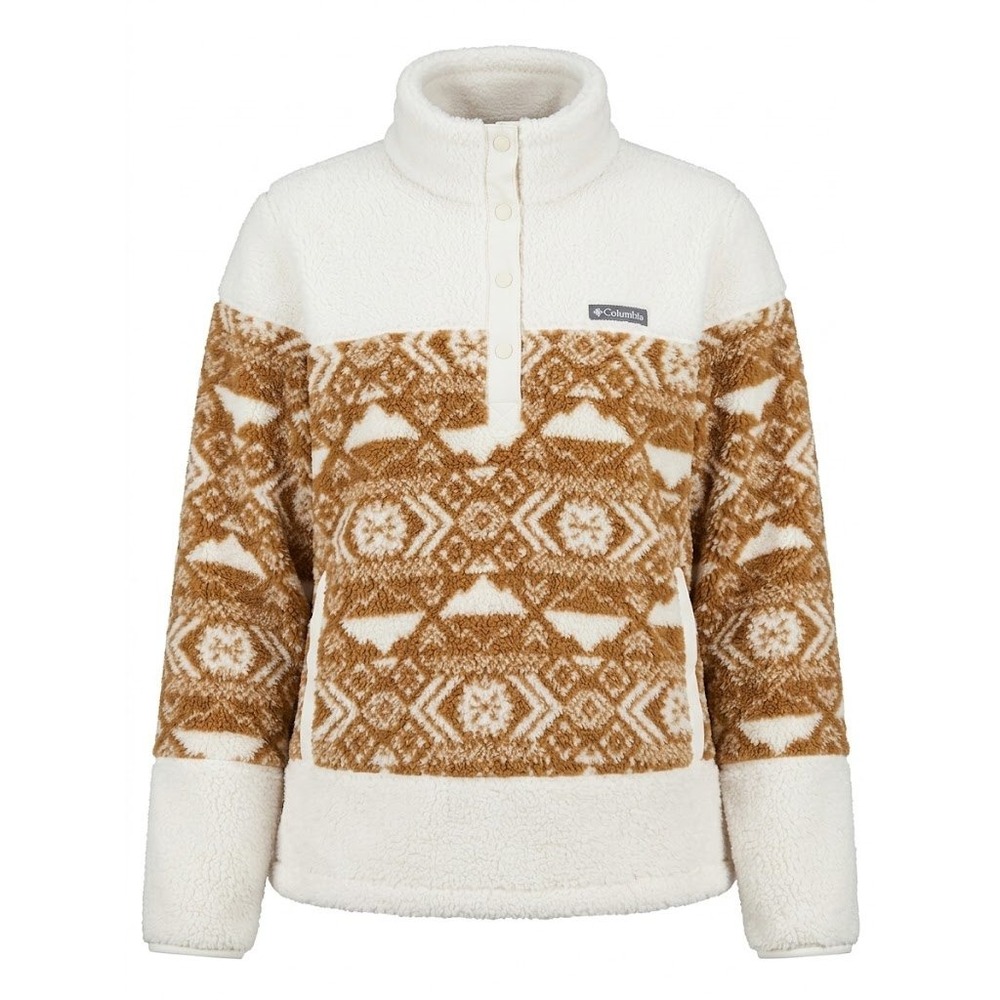Columbia Fleece Pullover Mens XXL White Brown Geometric Sherpa Snap Gorpcore
